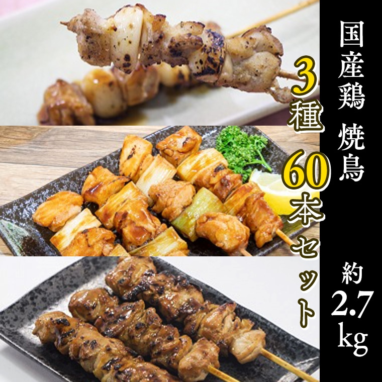ふるさと納税 つくばみらい市 1本約45g 大満足の国産鶏焼き鳥モモ3種60本セット 合計約2700g 各本入り