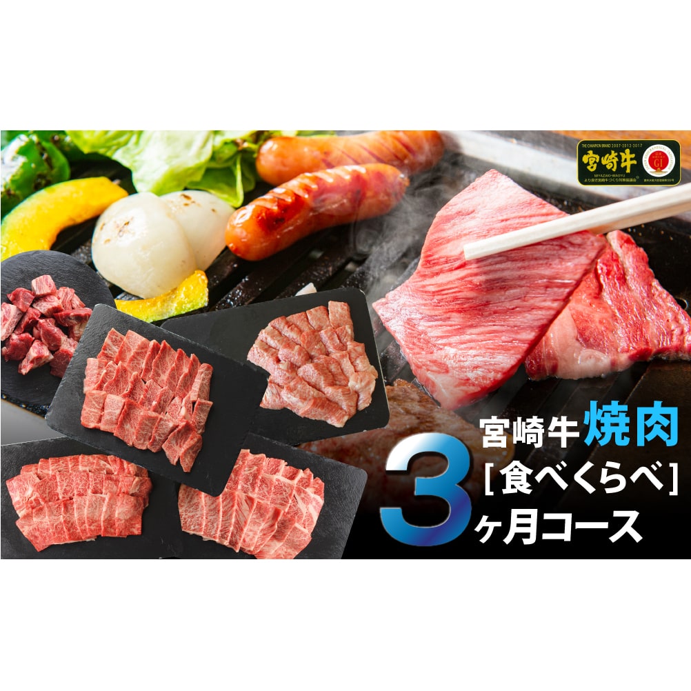 【定期便】宮崎牛焼肉食べ比べ3ケ月コース　合計2.2kg