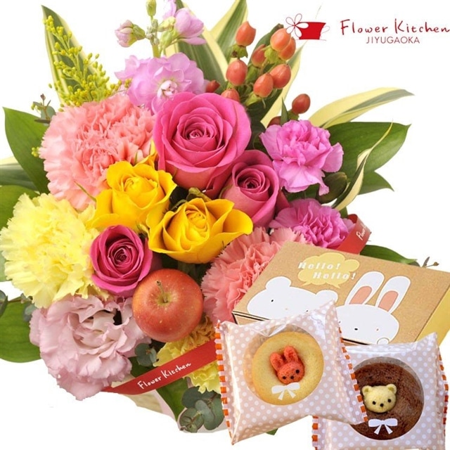 花とスイーツのセット バラのアレンジメント ピンクイエロー系のミックス と どうぶつドーナツ のセット フラワーギフト 送料無料 ピンク イエロー Flowerkitchen Jre Pointが 貯まる 使える Jre Mall