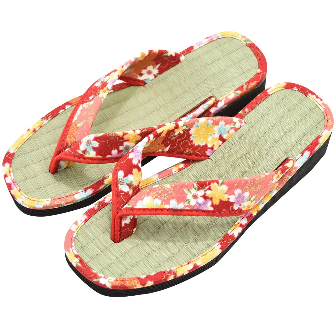 雪駄 単品 日本製 女物 雪駄サンダル 本畳表 友禅花緒 黒ソフト底 M L 全4色 合成ゴムクッション底 おしゃれ 単衣 絽 紗 夏用 大人 レディース 女性 M 01赤系 M 01赤系 着物なごみや Jre Mall