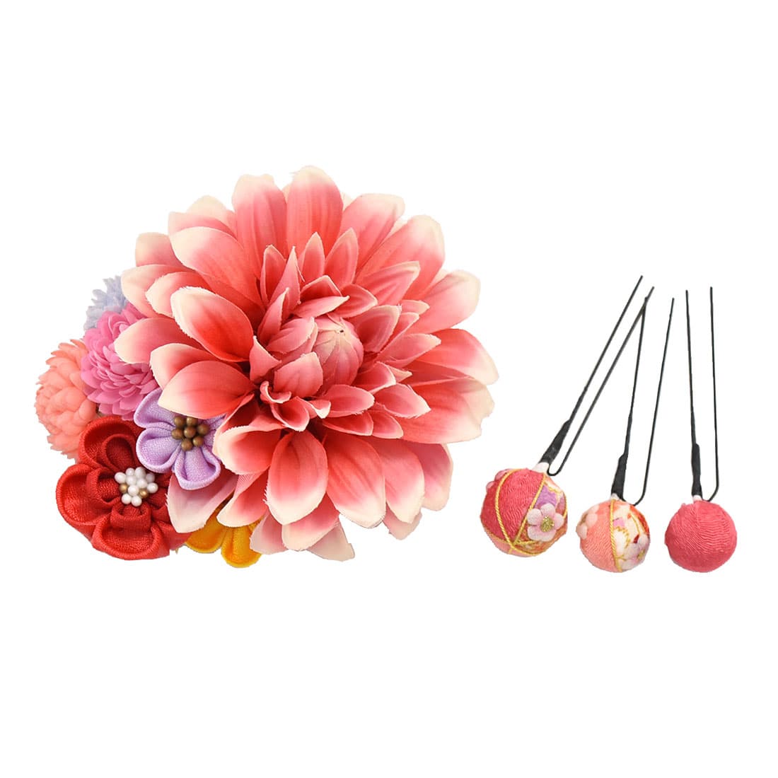 和装 髪飾り 日本製 Ch ダリアつまみ細工4点セット 全6色 成人式 振袖 踊り用 コーム Uピン 礼装 おしゃれ 通年用 大人 レディース 女性 サーモン サーモン 着物なごみや Jre Pointが 貯まる 使える Jre Mall