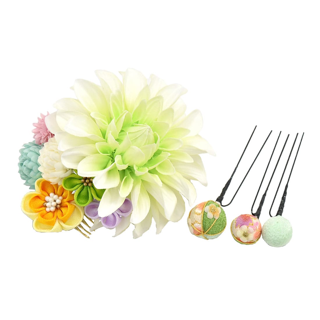和装 髪飾り 日本製 Ch ダリアつまみ細工4点セット 全6色 成人式 振袖 踊り用 コーム Uピン 礼装 おしゃれ 通年用 大人 レディース 女性 グリーン グリーン 着物なごみや Jre Pointが 貯まる 使える Jre Mall