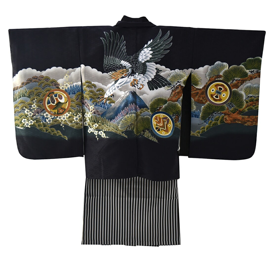七五三 着物 男の子 袴 セット 5歳羽織袴 フルセット 鷹に富士山 黒 - 和服
