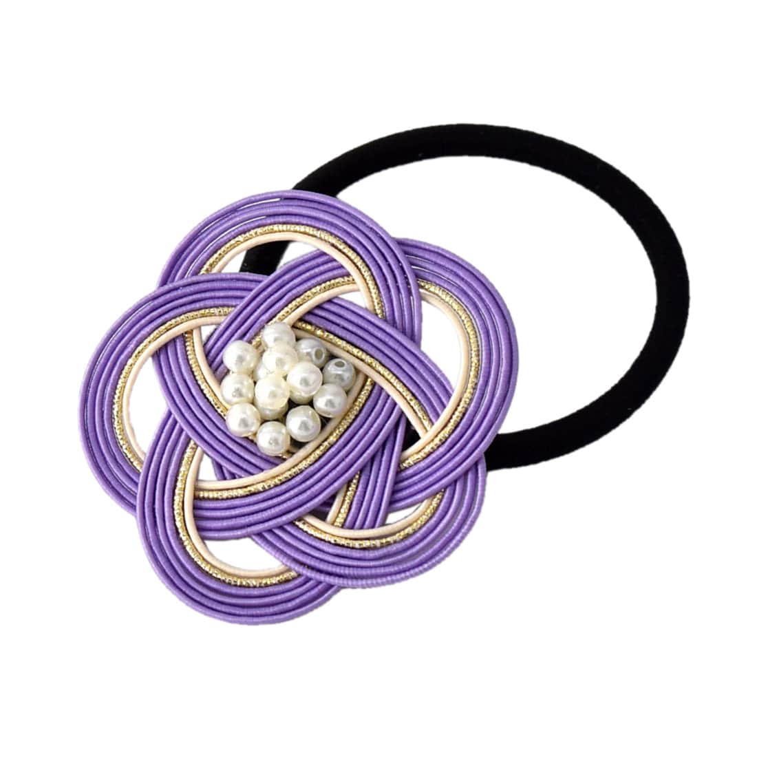 和装 髪飾り 小紋 紬 浴衣 ヘアゴム 水引 大 パール付 全4色 髪留めゴム おしゃれ 通年用 レディース 女性 女の子 女児 紫 紫 着物なごみや Jre Mall