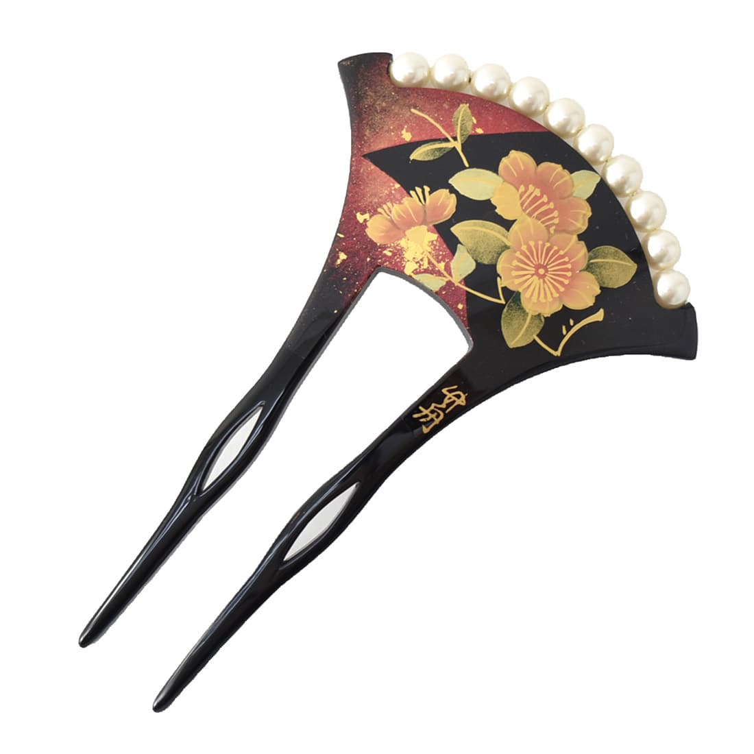 和装 髪飾り 結婚式 留袖 日本製 竹舟作 パール付 蒔絵簪 バチ型 色紙
