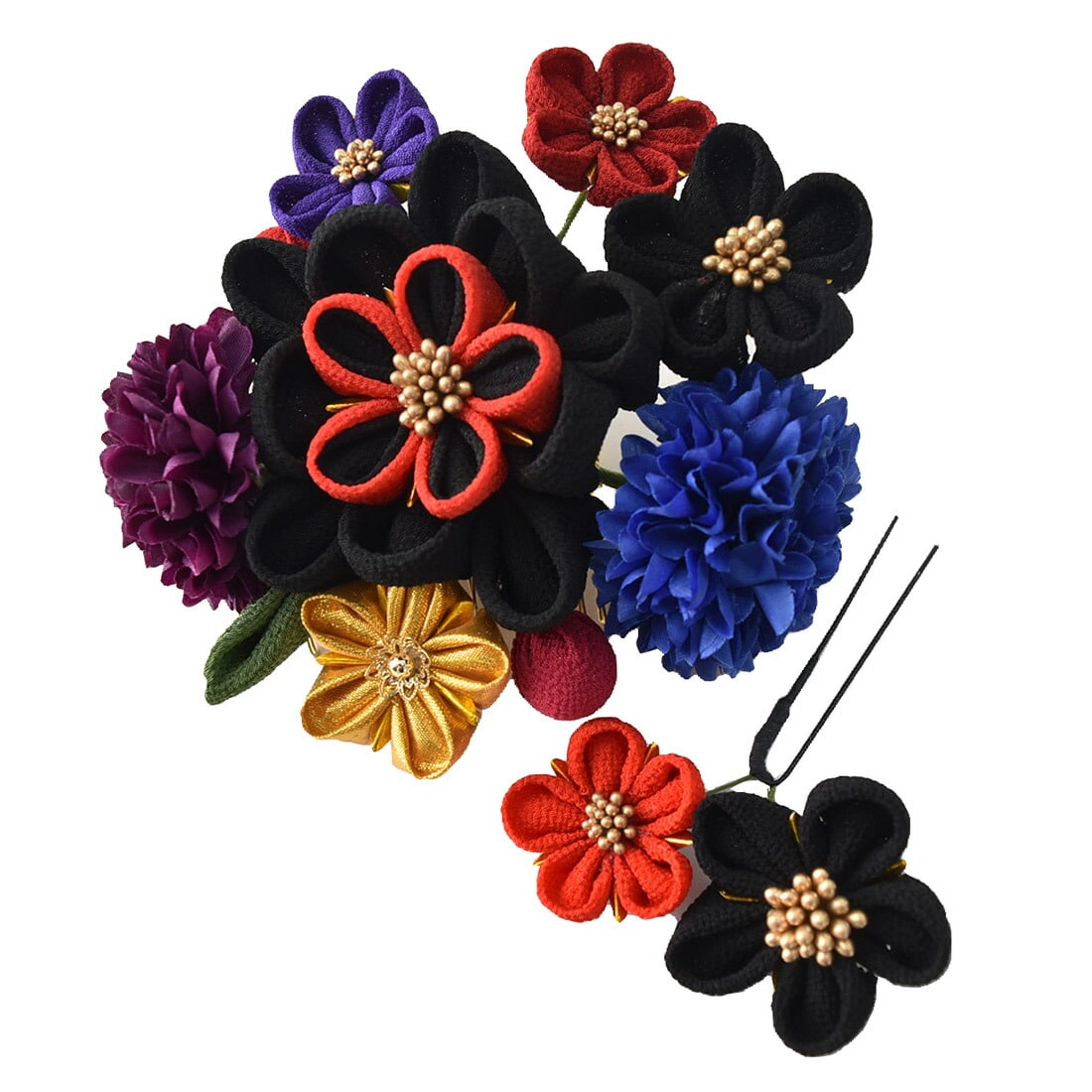 和装 髪飾り 成人式 振袖 日本製 つまみ細工 ちりめん 2点セット 全3色 花 コーム Uピン 礼装 おしゃれ 通年用 大人 レディース 女性 黒 黒 着物なごみや Jre Mall