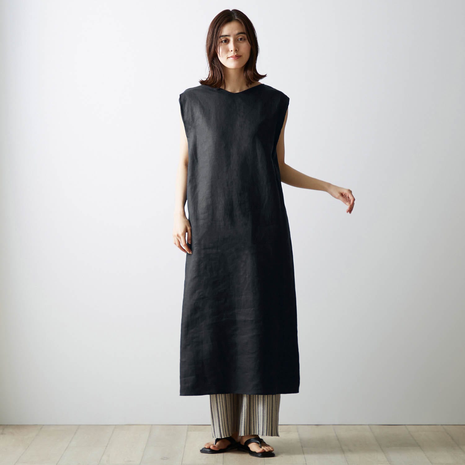 ベルメゾン リネン100%ロングワンピース チャコール S(S チャコール