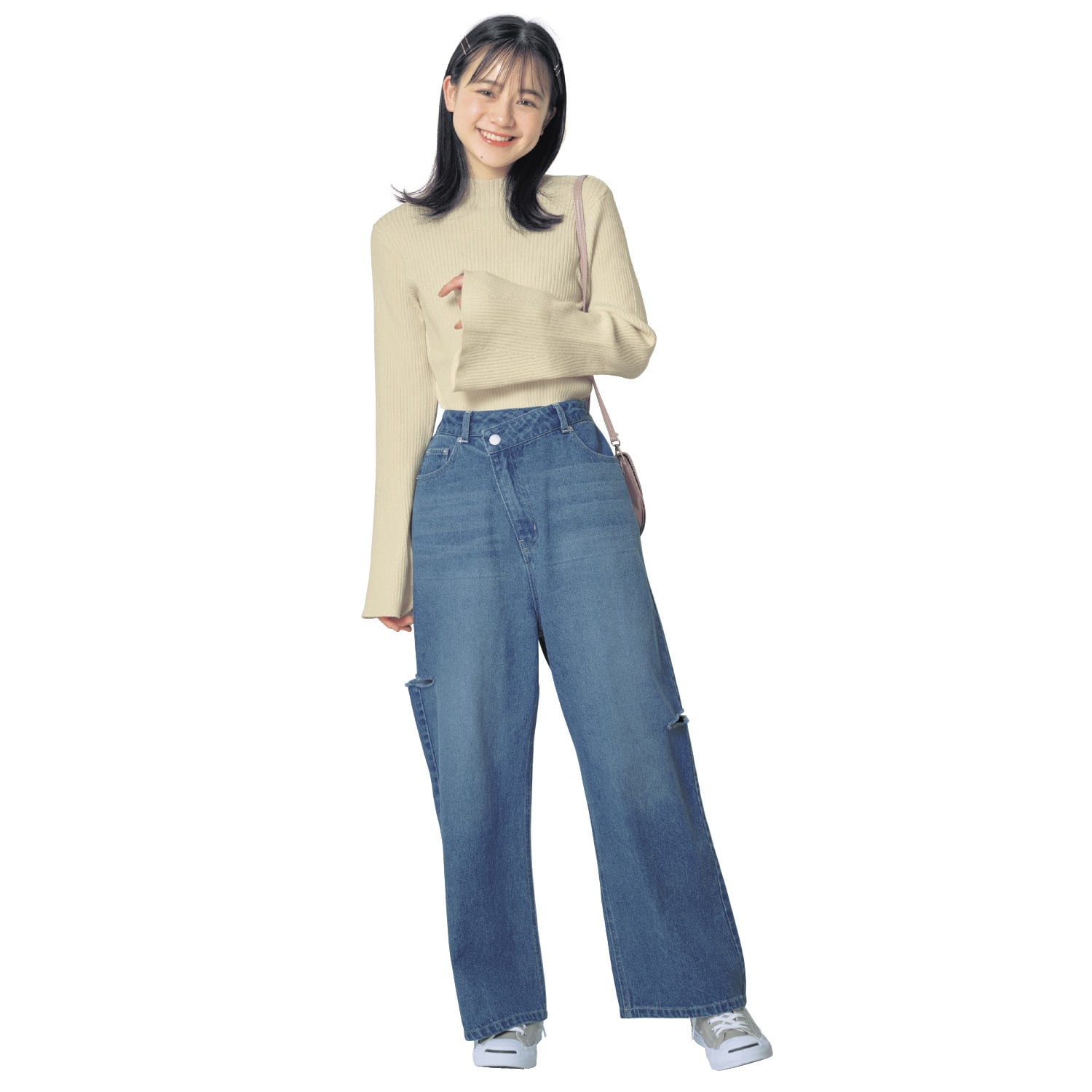 ベルメゾン 袖フレアスタンドネックニットプルオーバー サックスブルー JS(150～160)(JS(150～160) サックスブルー