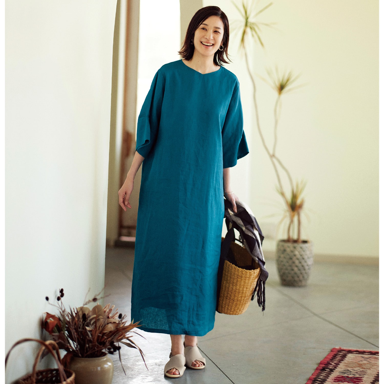 ベルメゾン 麻１００ 袖タックワイドワンピース ブルーグリーン M L M L ブルーグリーン ベルメゾン Jre Mall店 Jre Pointが 貯まる 使える Jre Mall
