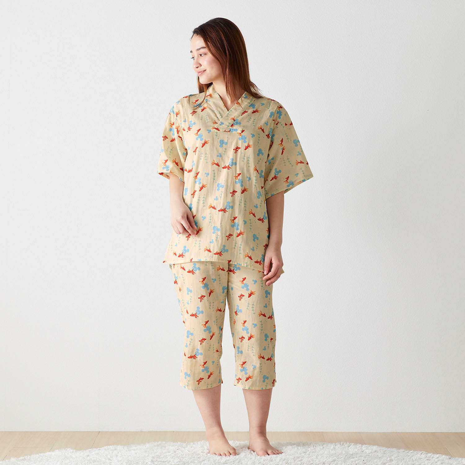 ベルメゾン ディズニー 綿１００ ダブルガーゼかぶり甚平パジャマ 選べるキャラクター ミッキーモチーフ 金魚 M M ミッキーモチーフ 金魚 ベルメゾン Jre Mall店 Jre Mall