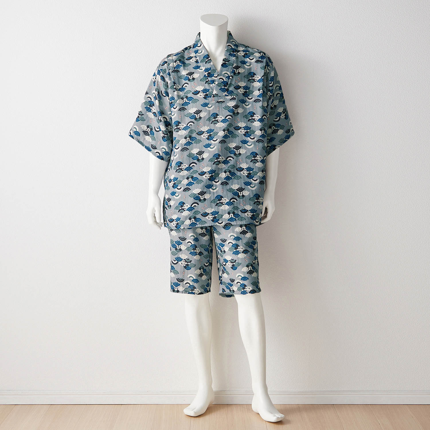 ベルメゾン ディズニー メンズ綿100 ダブルガーゼかぶり甚平パジャマ ミッキーモチーフ ミッキーマウス 波 L L ミッキーマウス 波 ベルメゾン Jre Mall店 Jre Mall