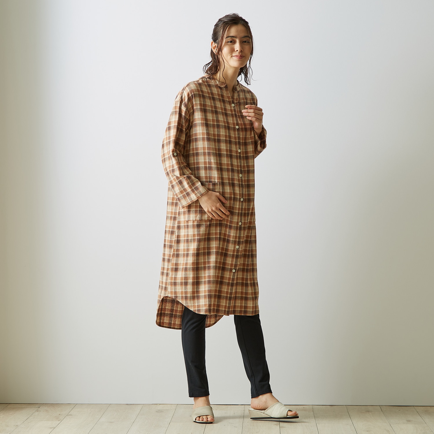 ベルメゾン 入院準備に マタニティサイズビエラ起毛長袖シャツワンピース レギンスパジャマ ブラック系ギンガムチェック マタニティm マタニティm ブラック系ギンガムチェック ベルメゾン Jre Mall店 Jre Mall