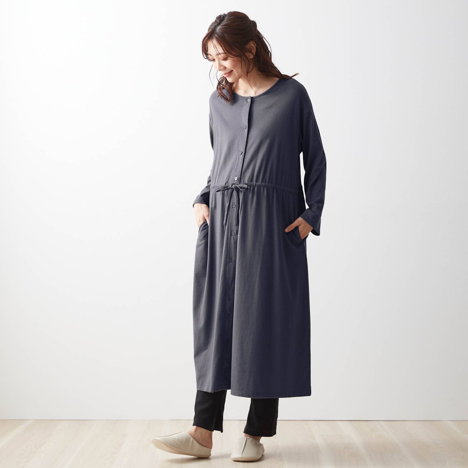 ベルメゾン 入院準備に マタニティサイズウエストドロストワンピース リブレギンスパジャマ チャコール マタニティm マタニティm チャコール ベルメゾン Jre Mall店 Jre Mall