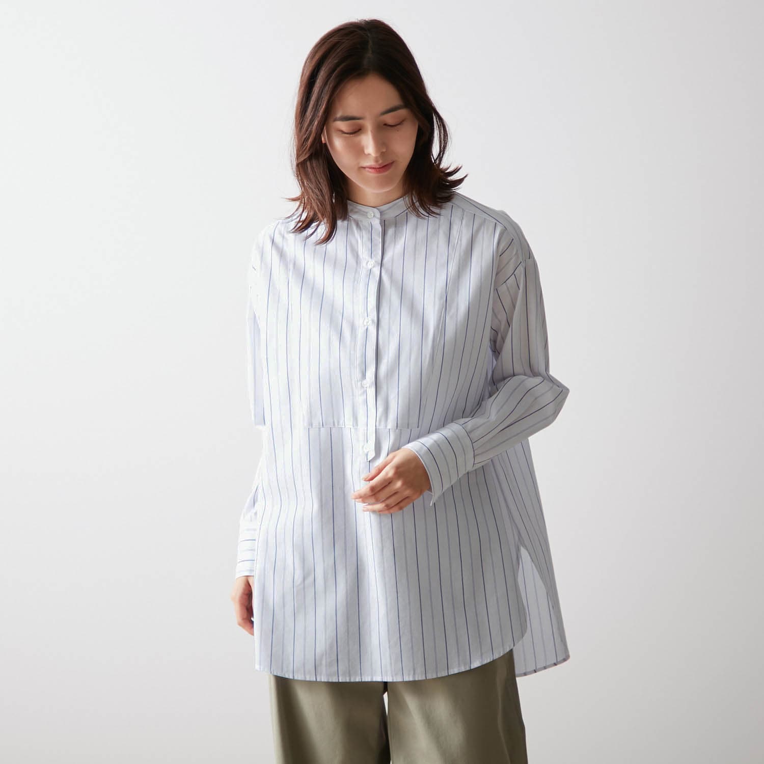 ベルメゾン ロングシャツチュニック オフホワイト系ストライプ LL(LL