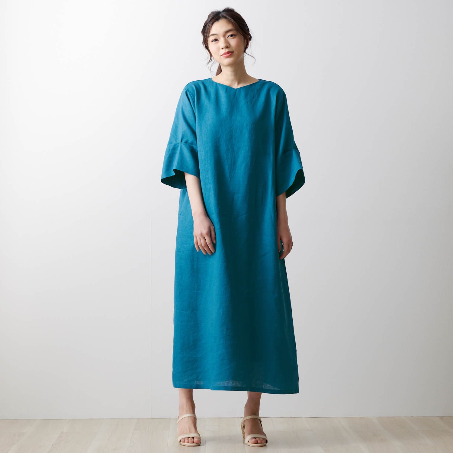 ベルメゾン 麻１００ 袖タックワイドワンピース ブルーグリーン M L M L ブルーグリーン ベルメゾン Jre Mall店 Jre Pointが 貯まる 使える Jre Mall