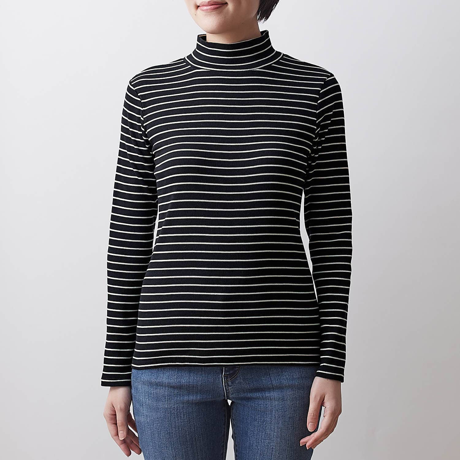 ベルメゾン ホットコット 綿100 あったか リブカットソー ハイネック 長袖 レディース ブラック系ボーダー ｓ ｓ ブラック系ボーダー ベルメゾン Jre Mall店 Jre Pointが 貯まる 使える Jre Mall