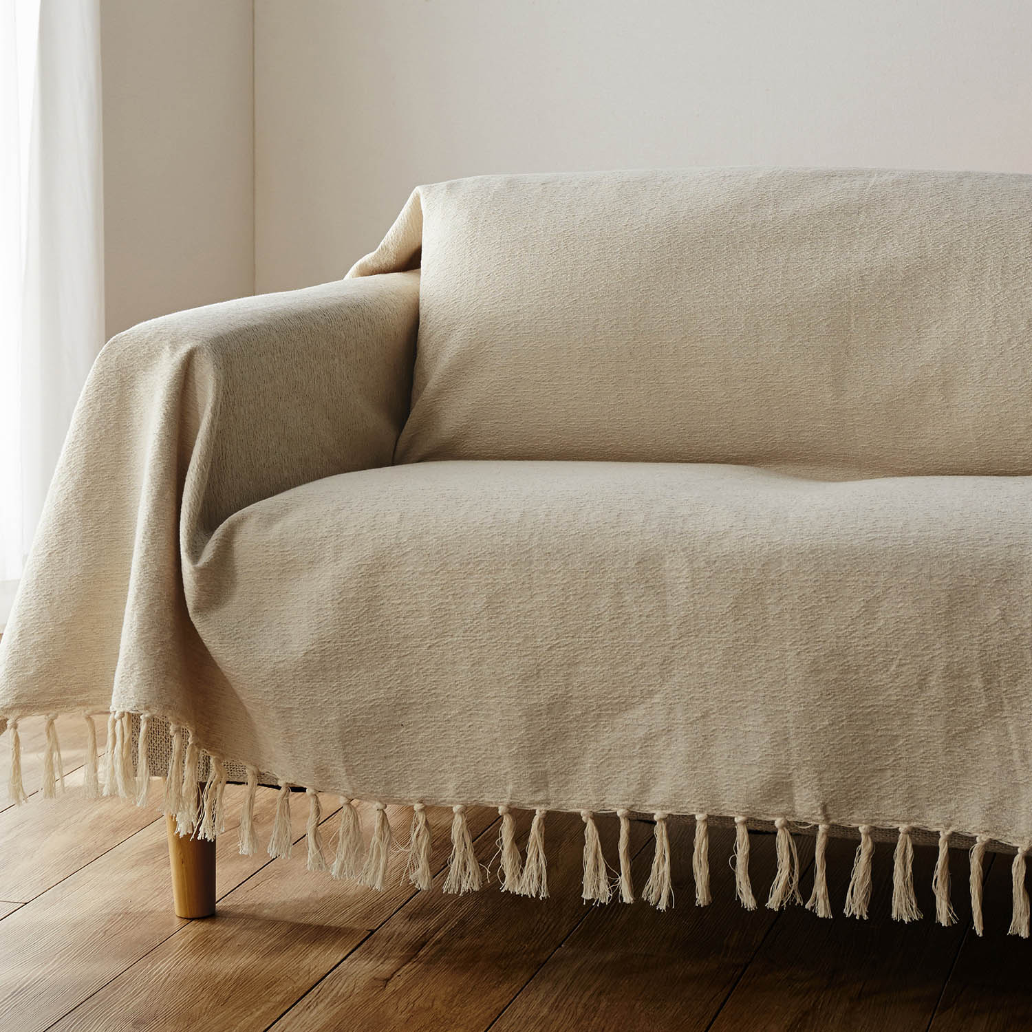 ベルメゾン ざっくりとした織り生地のインド綿マルチカバー アイボリーベージュ 約150×190