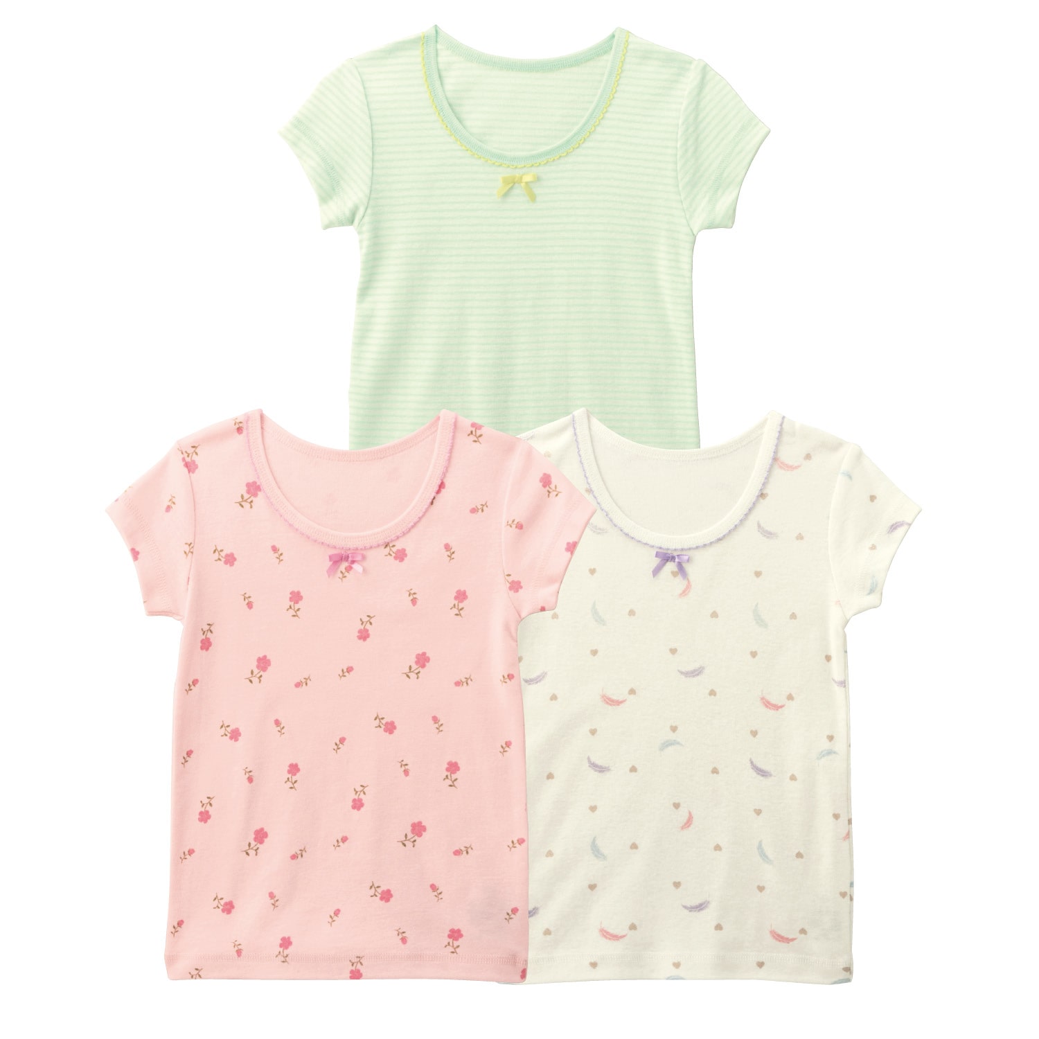 ベルメゾン 前コッチ選べるガーリープリント半袖Tシャツ(インナー)3柄セット ピンク花柄セット 100