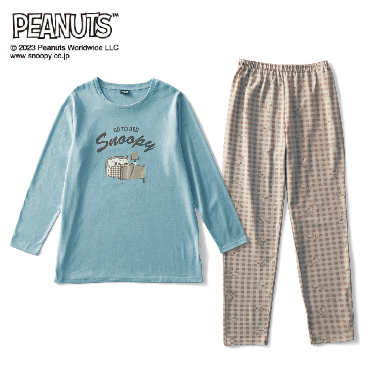 ベルメゾン PEANUTS レディースギンガムチェックプリントのパジャマ「スヌーピー」 グレイッシュブルー M