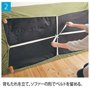 2.�w������𗧂ĂāA�\�t�@�[�̌`�Ńx���g�𗯂߂�B