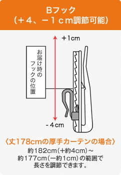 Bフック（＋4、－1cm調節可能） 約182cm（＋約4cm）～約177cm（－約1cm）の範囲で長さを調節できます。