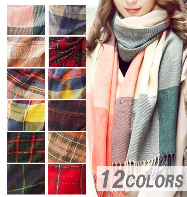 ストール 180cm 60cm マフラー 大判 春 秋 冬 防寒 ひざ掛け レディース 通販 軽量 おしゃれ かわいい カラフル チェック タータンチェック ブロックチェック カジュアル アクリル 180 60 Cm フリンジ スカーフ マフラー スカーフ Ek F03 St 003 Etz 65 17 Green