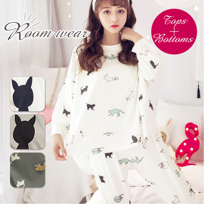 ルームウェア 可愛い 長袖 通販 レディース セット 上下セット かわいい パジャマ 春夏 秋冬 女性用 ゆったり おしゃれ M L Xl 2xl アニマル ネコ 猫 ルームウエア 部屋着 ナイトウェア 2xlサイズ グレーxブラックネコ Backyard Family Jre Mall