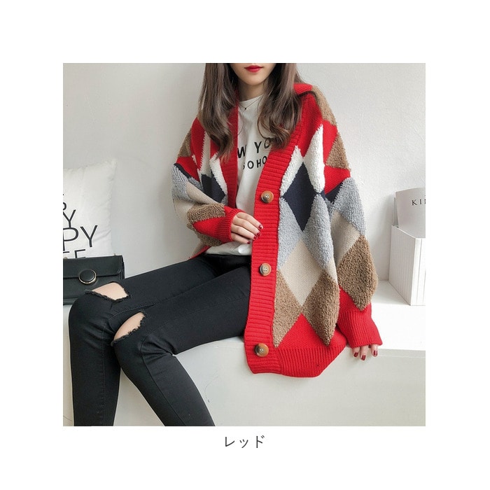 カーディガン レディース 秋冬 通販 ニット ゆったり 編み 大きめ ざっくり 秋 冬 学生 高校生 大学生 アーガイル柄 もこもこ アウター 秋服 カーデ 冬服 おしゃれ かわいい トップス 服 レッド Backyard Family Jre Mall