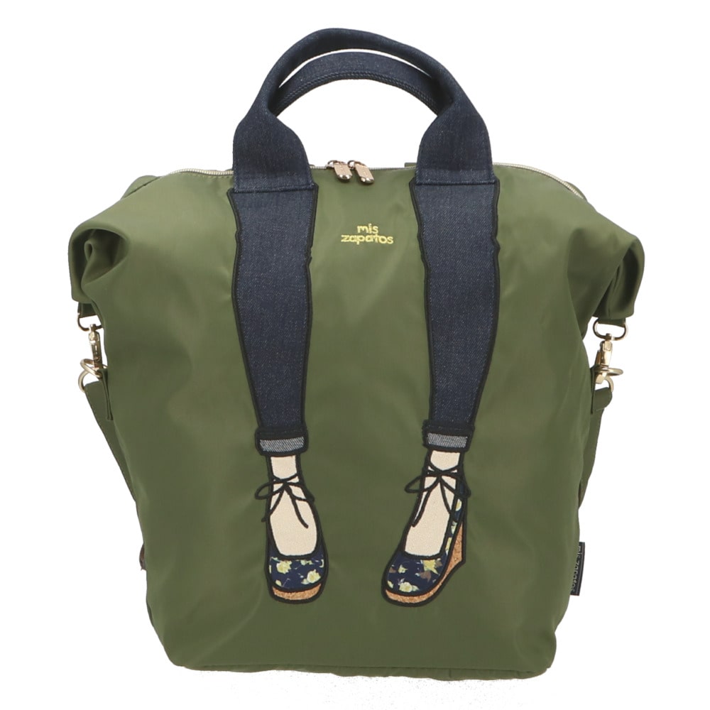 リュック レディース おしゃれ 通販 通学 通勤 ブランド Mis Zapatos カジュアル 大人 かわいい 2way 3way トートバッグ ショルダーバッグ ママバッグ 旅行 おでかけ パンプス 足トート 靴トート ロールアップ デニム ナイロンスキニー3wayリュック バックパック カーキ