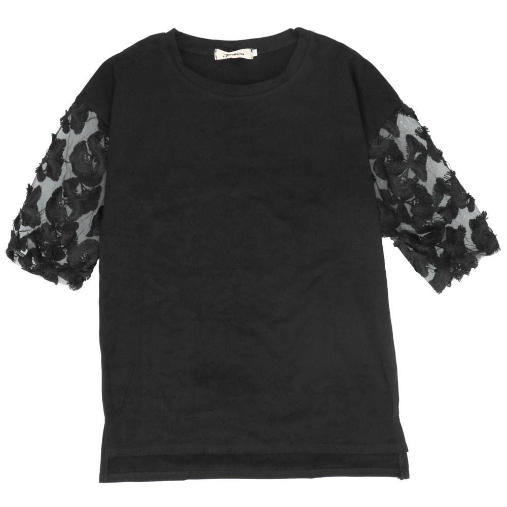 レディース トップス 春 通販 長袖 春服 可愛い Tシャツ おしゃれ 切り替え 袖 レース 刺繍 花柄 ドロップショルダー フワラー おしゃれ 大人 かわいい ガーリー 二の腕 カバー プルオーバー カットソー Sサイズ ブラック Backyard Family Jre Mall