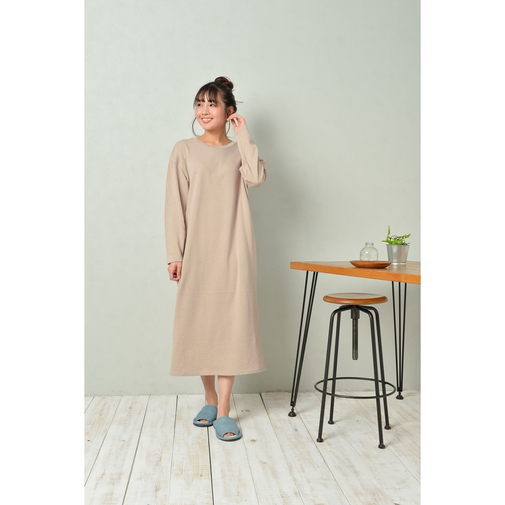 ルームウェア ワンピース 長袖 通販 ラウンドネック ロングワンピース 部屋着 レディース おしゃれ かわいい パジャマ 春 夏 秋 冬 裏毛 ゆったり 春夏 秋冬 マキシ丈 オールシーズン スウェット 無地 可愛い 大きいサイズ M Lサイズ モカ Backyard Family Jre Point
