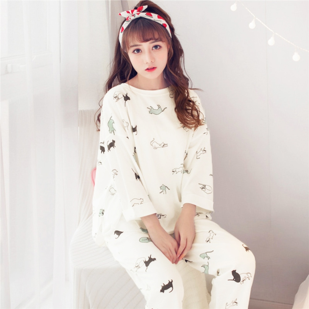 ルームウェア 可愛い 長袖 通販 レディース セット 上下セット かわいい パジャマ 春夏 秋冬 女性用 ゆったり おしゃれ M L Xl 2xl アニマル ネコ 猫 ルームウエア 部屋着 ナイトウェア Mサイズ ホワイトxネコガラ Backyard Family Jre Mall