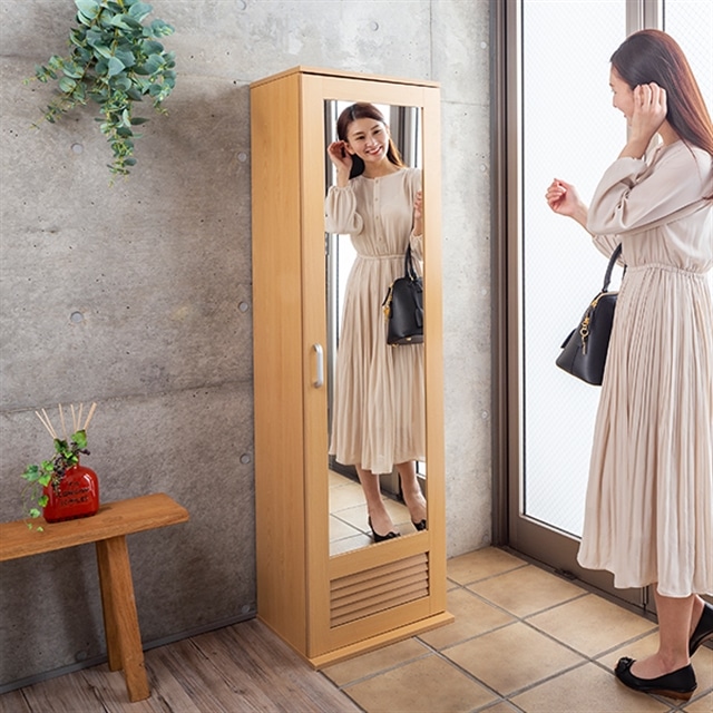 ミラー付きシューズラック 幅45cm 高さ160cm ルーバー扉付き