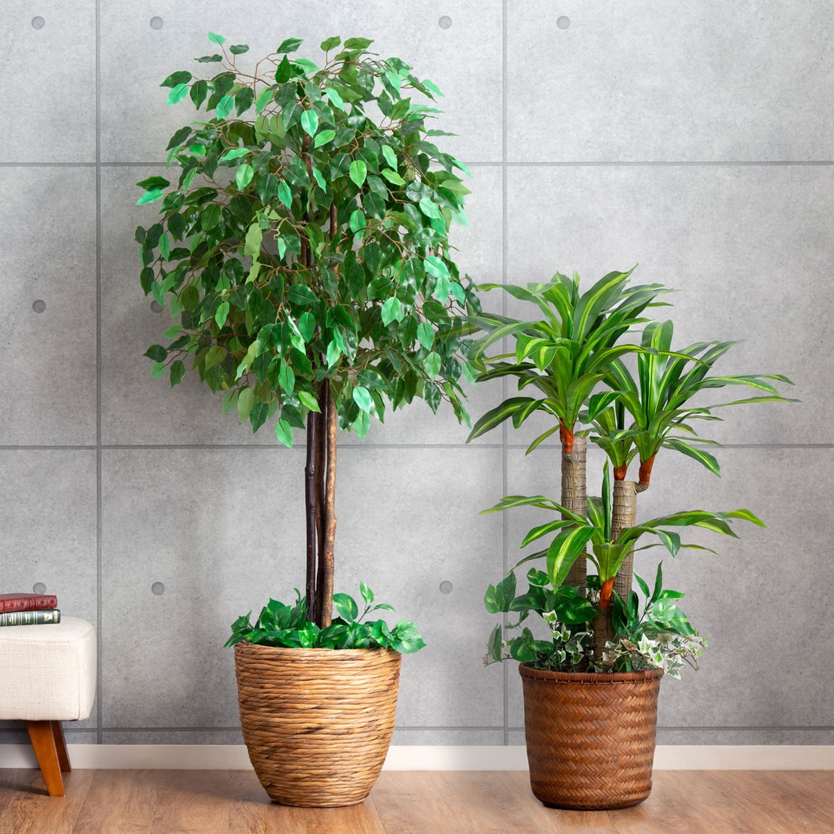 光触媒 人工観葉植物 ベンジャミン+幸福の木2本セット フェイクグリーン 大型 インテリアグリーン 送料無料