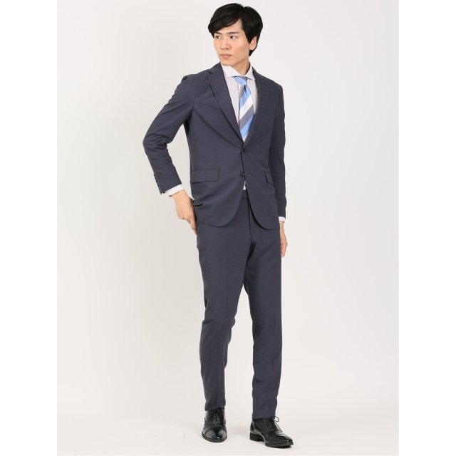 軽量ストレッチ レギュラーフィット ノータックパンツ ストライプ紺