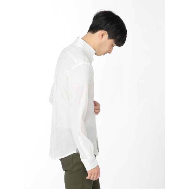 ストレッチ チェック柄 スタンドウィングカラー長袖シャツ【m.f.