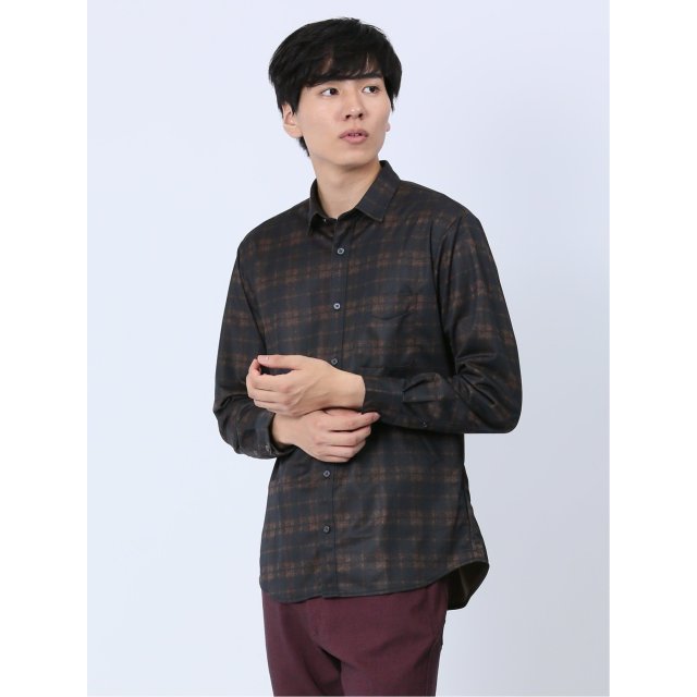 ストレッチ チェック柄 レギュラーカラー長袖シャツ【m.f.editorial