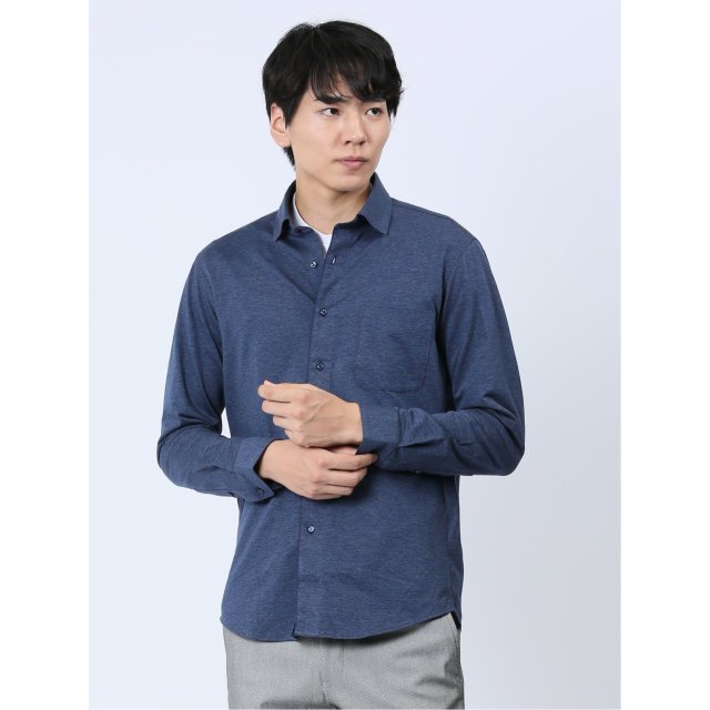 綿ストレッチ ショートワイドカラー長袖シャツ【TAKA-Q】(M 75紺
