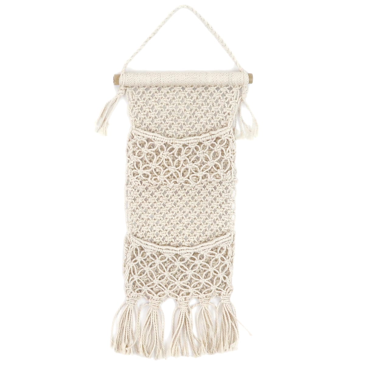 マクラメ ウォールタペストリー ポケット付き 収納 手編み コットン 天然木 （ タペストリー マクラメ編み ハンギング 壁掛け ウォール