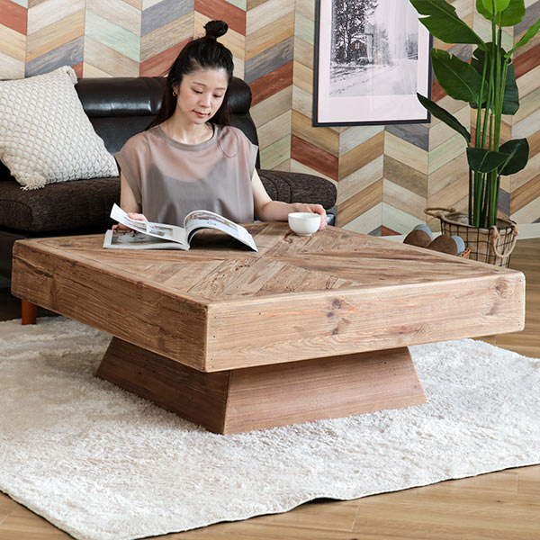 ローテーブル 幅100cm 木製 天然木 古材 正方形 ヴィンテージ調