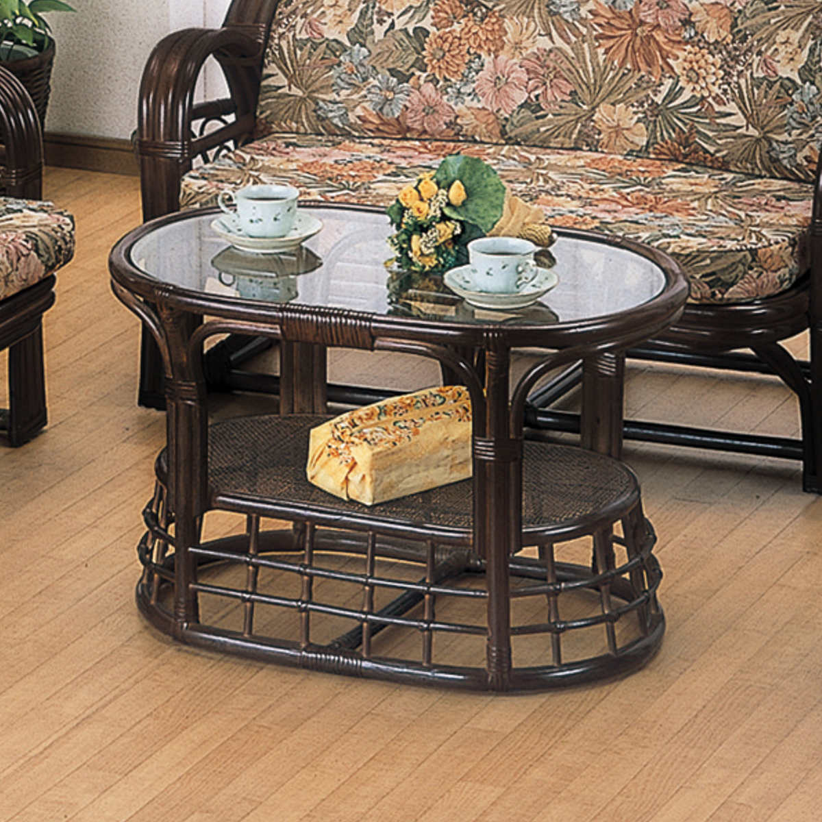 籐家具 ラタン サイドテーブル 強化ガラス 天板 ローテーブル - サイド