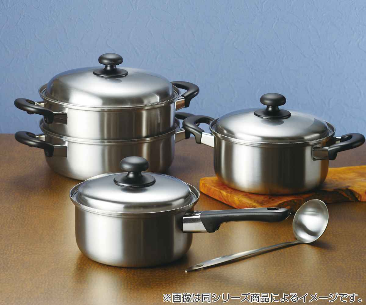 鍋8点セット IH対応 蓋付き 着脱式ハンドル2本付き 蒸し台付き 燕三